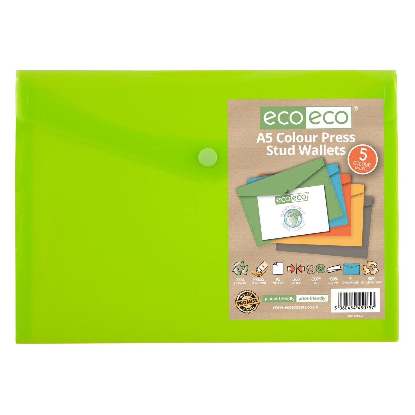 Eco-Eco A5 Stud Wallets 50% Recycled Assorted Colours Press Folders Document 075