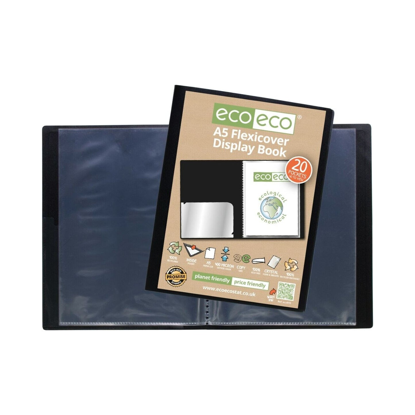 Eco-Eco A5 Display Book 20 Pages Pocket Black Flexi-cover 100% Recycled ECO015