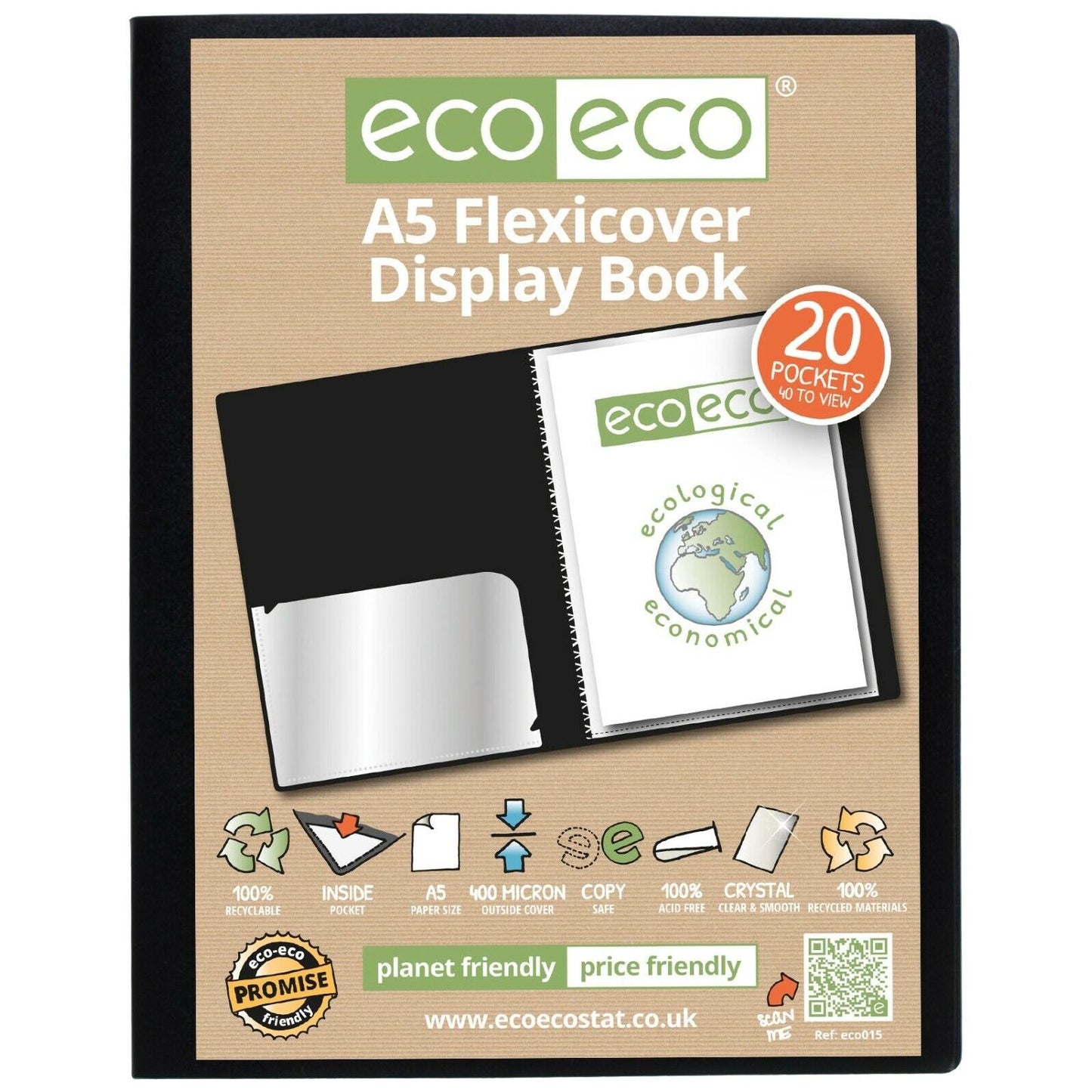 Eco-Eco A5 Display Book 20 Pages Pocket Black Flexi-cover 100% Recycled ECO015