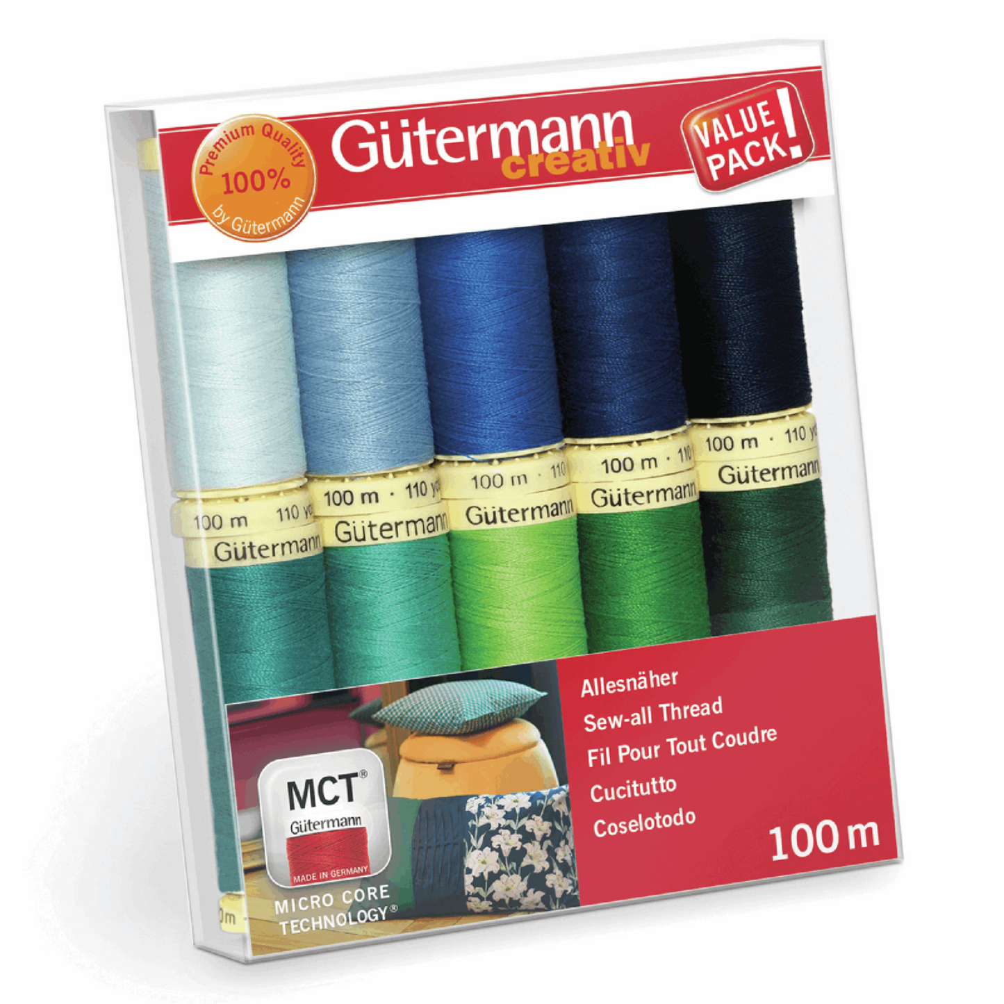 Gutermann Sew-All Threads - Multicoloured Pack of 10 x 100m Reels - Cool Brights