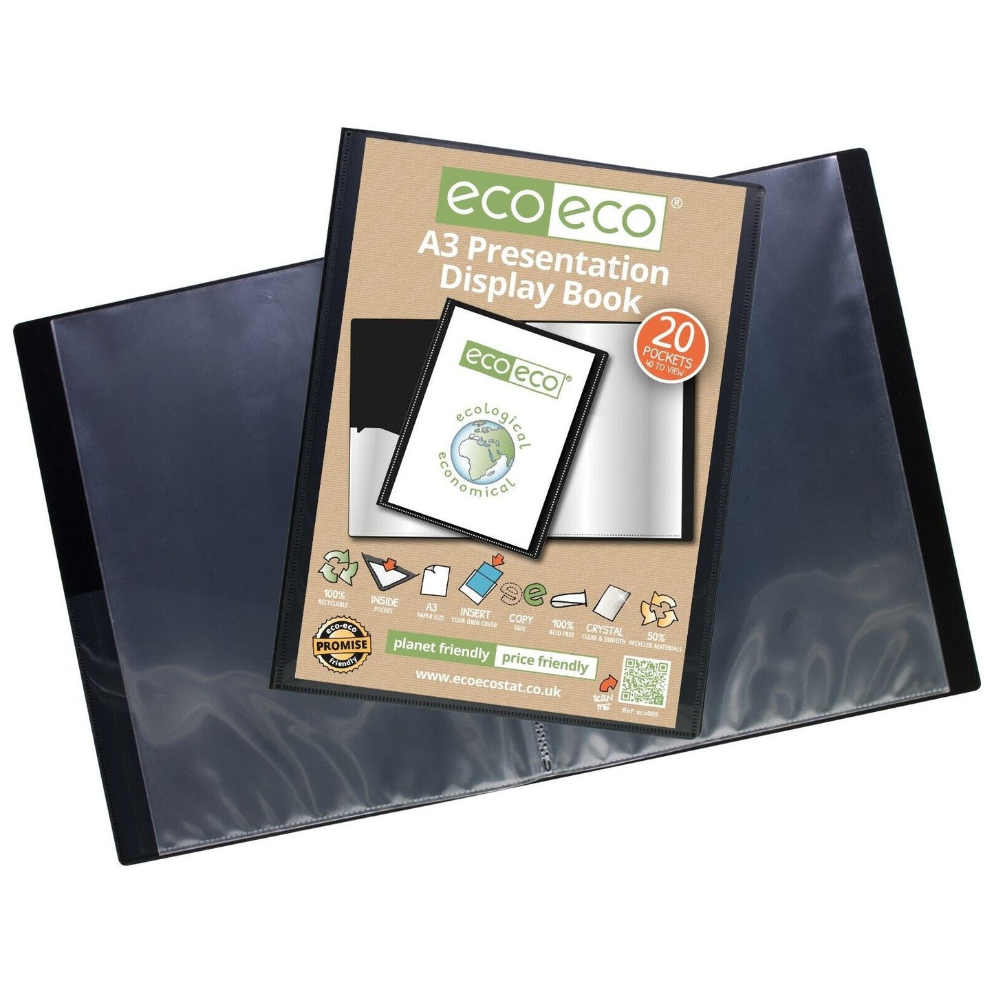 Eco-Eco A3 50% Recycled 20 Pocket Black Folder Presentation Display Book ECO005