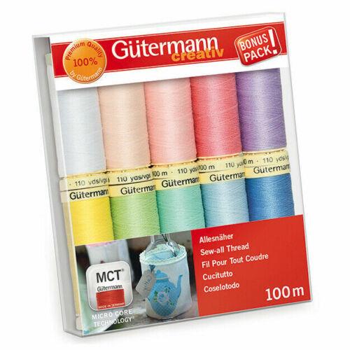 Gutermann Sew-All Threads - Multicoloured Pack of 10 x 100m Reels Pastel Colours