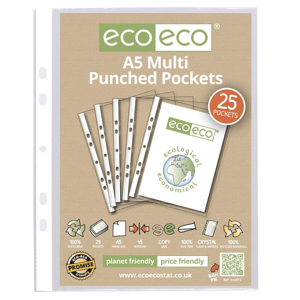 A5 Punched Pockets x 25 Glass Clear Punched Plastic Pockets 100% Recycled ECO012