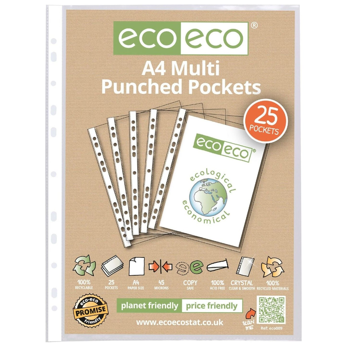 Eco-Eco A4 100% Recycled Smooth Glass Clear Punched Plastic Pockets x 25 ECO009
