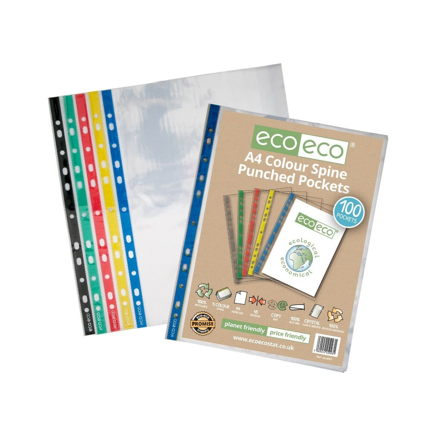 Eco-Eco A4 Coloured Spine Punched Pockets 100% Recycled  (Pack of 100) ECO093