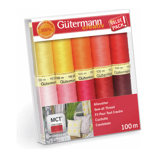 Gutermann Sew-All Threads - Multicoloured Pack of 10 x 100m Reels - Warm Brights
