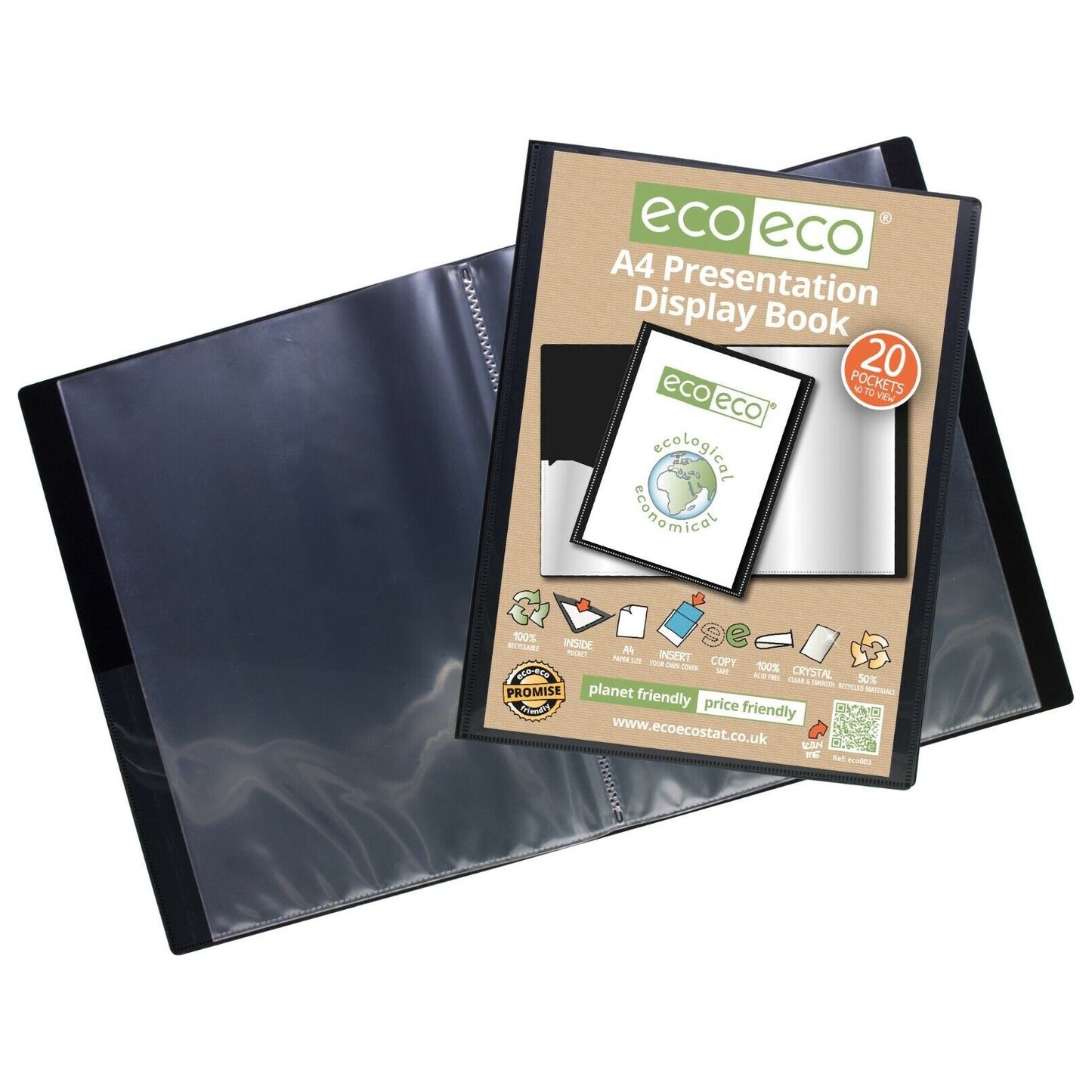 Eco-Eco A4 50% Recycled 20 Pocket Black Folder Presentation Display Book ECO003
