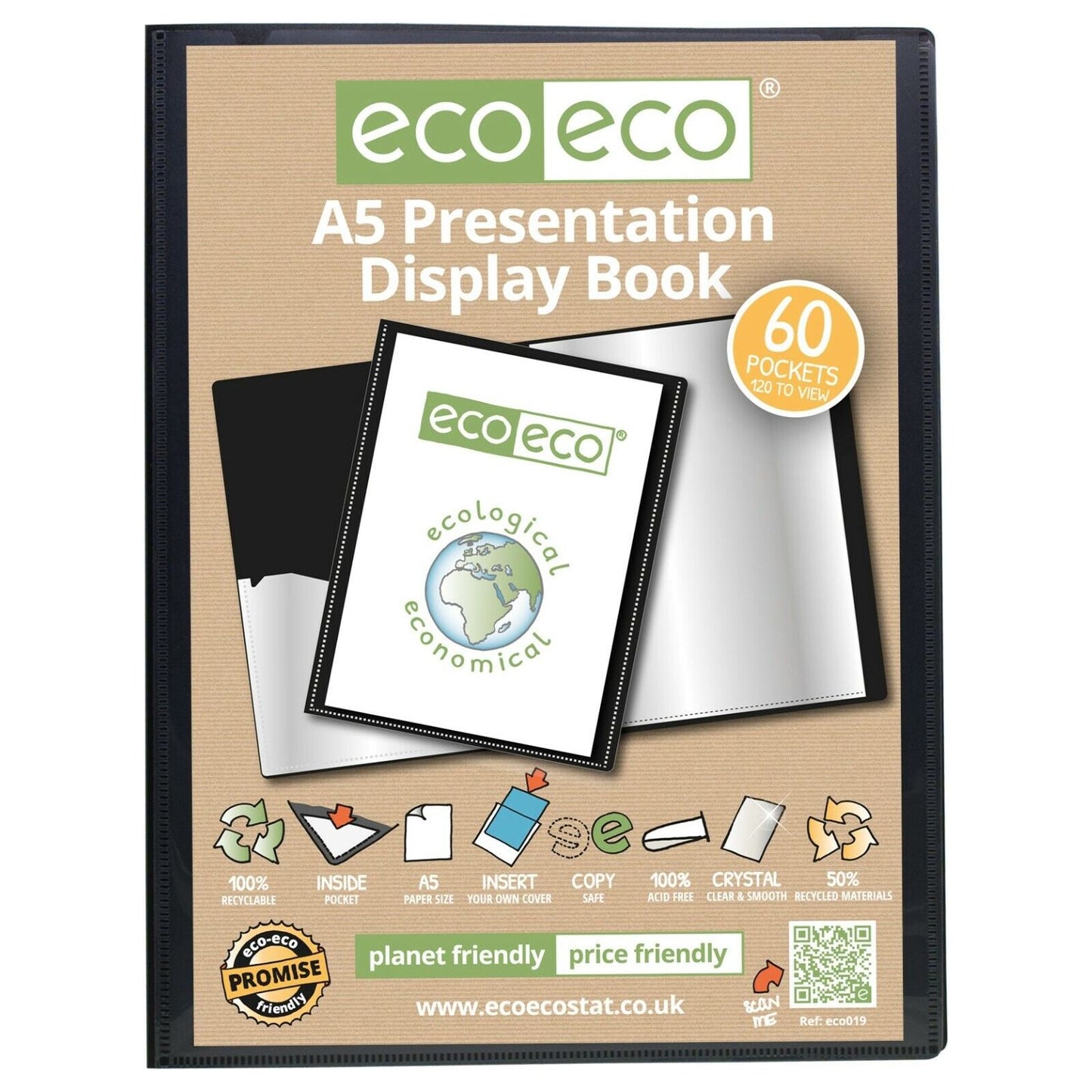 Eco-Eco A5 50% Recycled 60 Pocket Black Folder Presentation Display Book ECO019