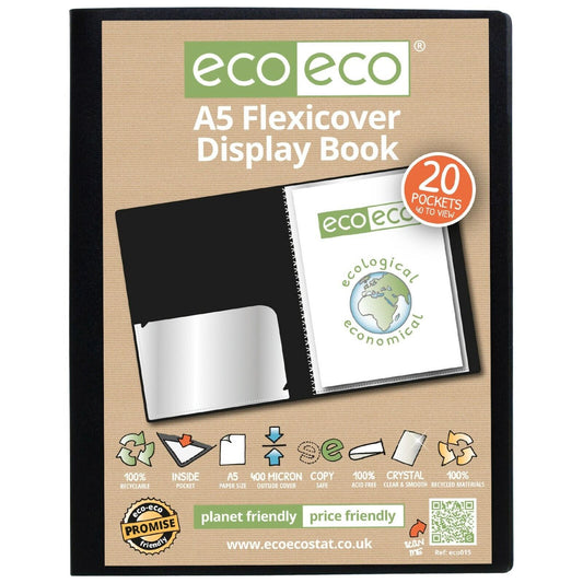 Eco-Eco A5 Display Book 20 Pages Pocket Black Flexi-cover 100% Recycled ECO015